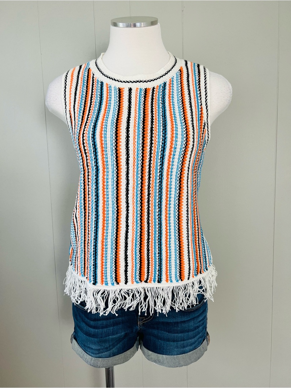 Lou & Grey for LOFT Crochet Fringe Sweater Vest Striped Tank Small
